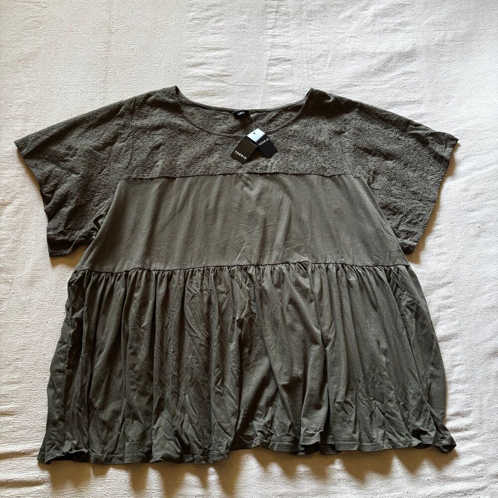 Torrid Olive Green Eyelet Yoke Babydoll Tunic Top (NWT)